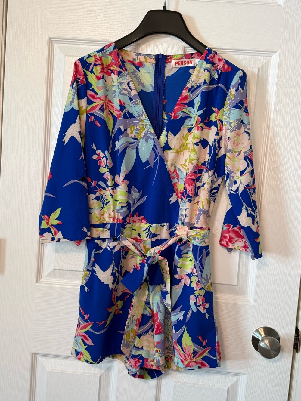 PERSUN Floral Wrap Romper in Royal Blue NWOT